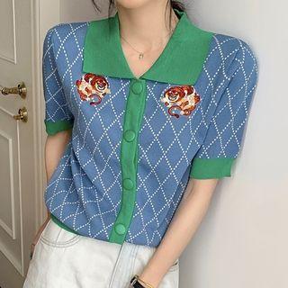 Short-sleeve Contrast Collar Argyle Cardigan Argyle - Blue - One Size