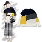Color Block Long-sleeve Knit Top As Shown In Figure - One Size