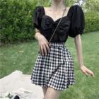 Bow-accent Short-sleeve Top / Plaid Skirt