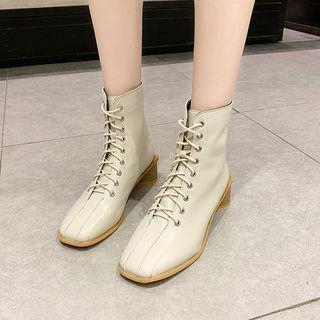Block Heel Square Toe Lace Up Short Boots