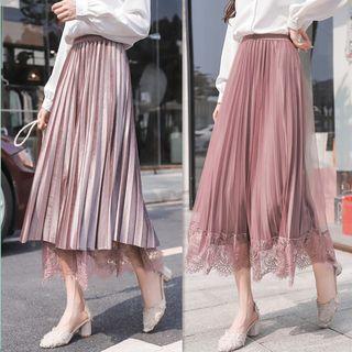 Lace Paneled A-line Midi Pleated Skirt
