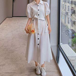Puff-sleeve Contrast Stitching Midi Shirtdress