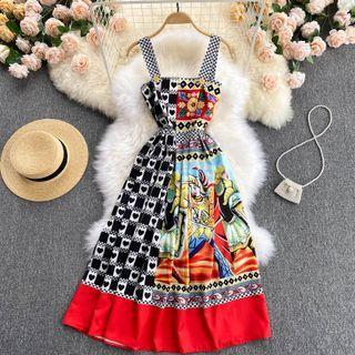 Wide Strap Color Block Print Midi A-line Dress