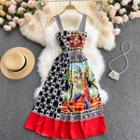 Wide Strap Color Block Print Midi A-line Dress