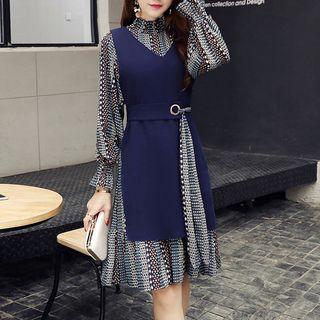 Set: Patterned Long-sleeve Chiffon Dress + Slit-side V-neck Vest