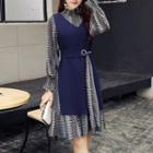 Set: Patterned Long-sleeve Chiffon Dress + Slit-side V-neck Vest