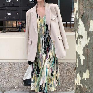 Sleeveless Print Midi Dress Yellow & Green & Gray & Black & White & Pink - One Size