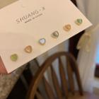 Set Of 6: Heart Faux Cat Eye Stone Earring Set Of 6 - Silver Stud - Green & Orange & White - One Size