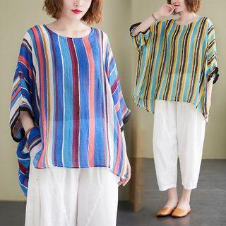 3/4-sleeve Striped Linen Top
