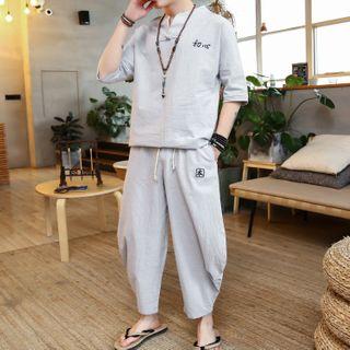 Set: Elbow-sleeve T-shirt + Linen Crop Harem Pants