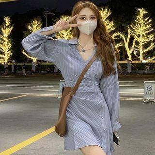 Long-sleeve Striped Single-breasted Mini Shirtdress