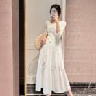 3/4-sleeve Frill Trim Sashed Tiered Midi A-line Dress