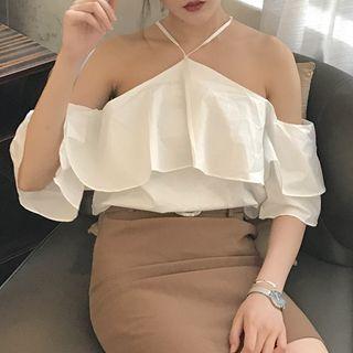 Frilled Cold Shoulder Elbow-sleeve Top
