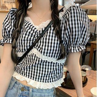 Plaid Lace Trim Puff-sleeve Cropped Shirt As Shown In Figure - One Size