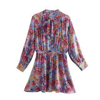 Long-sleeve Tie-neck Floral Print Mini Dress
