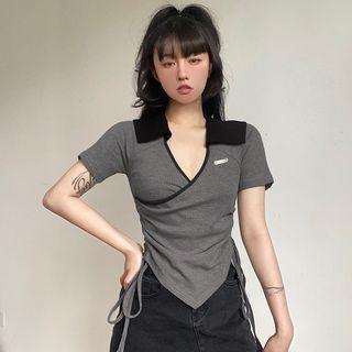 Short-sleeve Drawstring Ribbed Polo Shirt