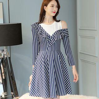 3/4-sleeve Striped Cutout A-line Dress