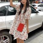 Puff-sleeve Cherry Print A-line Dress Red & White - One Size
