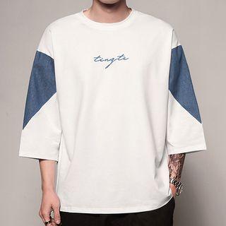 3/4-sleeve Lettering Contrast-trim T-shirt