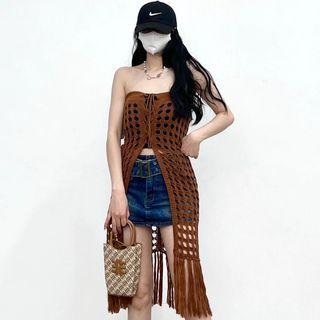 Strapless Tassel Trim Perforated Knit Dress