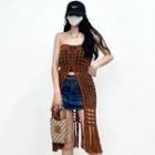Strapless Tassel Trim Perforated Knit Dress