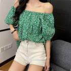 Elbow-sleeve Floral Print Blouse Green - One Size