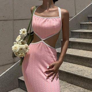 Spaghetti Strap Cut-out Lace Up Midi Sheath Dress
