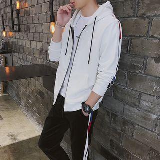 Set: Contrast Panel Hooded Zip Velvet Jacket + Sweatpants