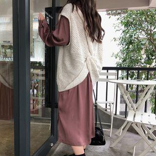 Long-sleeve Slit-side Midi Shirtdress / Knot-detail Knit Vest
