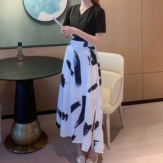 Set: V-neck Short-sleeve Top + Midi A-line Skirt