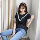 Short-sleeve Stripe-trim Lace-detail T-shirt