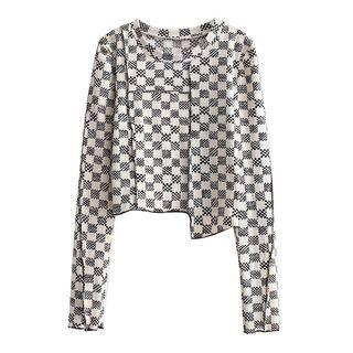 Long-sleeve Checkered Asymmetrical Cropped T-shirt