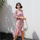 Elbow-sleeve Dip-back Floral Dress