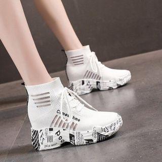 Wedge-heel Lettering Knit Sneakers