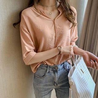 Open Placket Elbow-sleeve Blouse