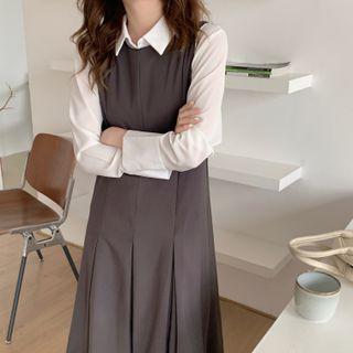 Pleated Midi A-line Overall Dress / Shirt