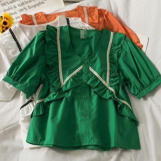 Striped Ruffle-trim V-neck Blouse