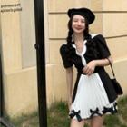 Short-sleeve Two-tone Top / Accordion Pleat Mini A-line Skirt