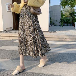 Floral Print A-line Midi Crinkle Skirt Coffee - One Size