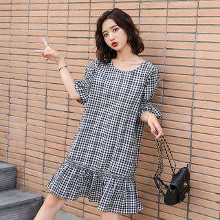 Elbow-sleeve Plaid Ruffled Shift Dress
