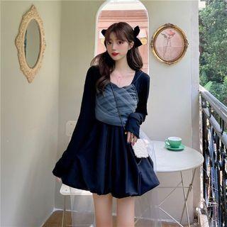 Set: Long-sleeve Mini A-line Dress + Mesh Camisole Top