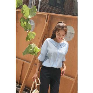 Chelsea-collar Shirred-sleeve Blouse