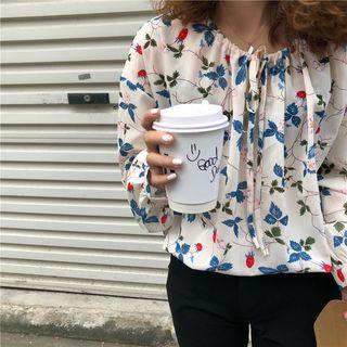 Long Sleeve Tie-neck Floral Printed Chiffon Top As Shown In Figure - One Size