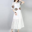 Set: Plain Slipdress + Embroidered Elbow-sleeve Midi Lace Dress