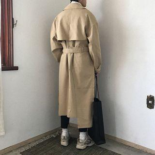 Long Asymmetric Hem Double-breasted Trench Coat