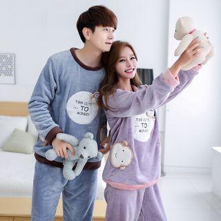 Couple Matching Loungewear Set: Piped Long Sleeve Flannel T-shirt + Flannel Pants