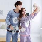 Couple Matching Loungewear Set: Piped Long Sleeve Flannel T-shirt + Flannel Pants