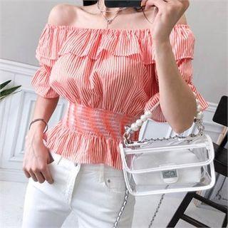 Off-shoulder Smocked-waist Stripe Top