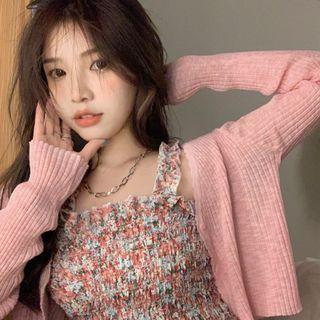 Floral Print Frill Trim Shirred Camisole Top / Cropped Cardigan