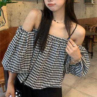Off Shoulder Houndstooth Top Houndstooth - One Size